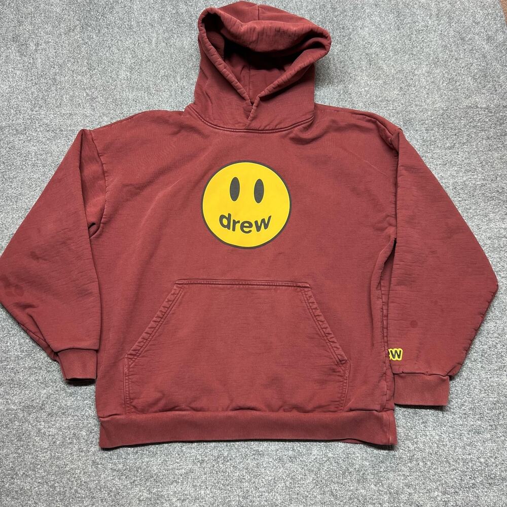 Drew House Hoodie Mens Large Red Fleece Pullover Kangaroo Pocket Graphic Smiley